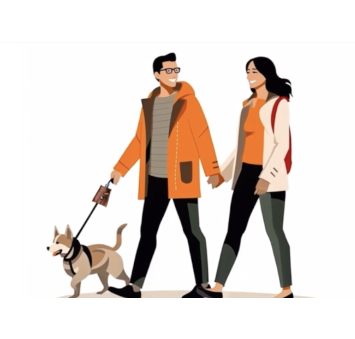 a passeggio con guinzaglio e borsetta pochepet con borraccia